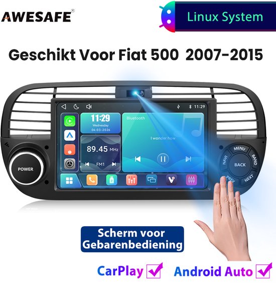 Awesafe Autoradio - Geschikt Voor Fiat 500 2007 t/m 2015 - Draadloos Carplay Android Auto - Linux systeem - 7 Inch Touchscreen - FM Radio Bluetooth EQ SWC Wifi Airplay - 2007 2008 2009 2010 2011 2012 2013 2014 2015