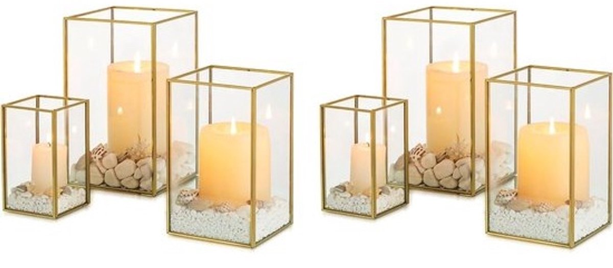 Hurricane Kaarsenhouders van Glas - 6 Stuks Gouden Lantaarns met Gehard Glas voor Buiten, Decoratie voor Bruiloften, Kerst en Halloween, Perfect voor de Woonkamer en Open Haard
