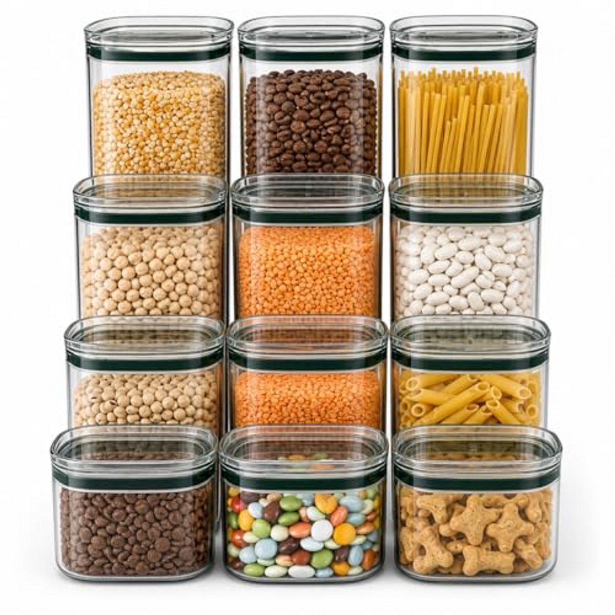 12-delige set voorraadpotten, luchtdichte en stapelbare voedselcontainers, BPA-vrije keukenorganizers inclusief etiketten en stift, 700–2100 ml