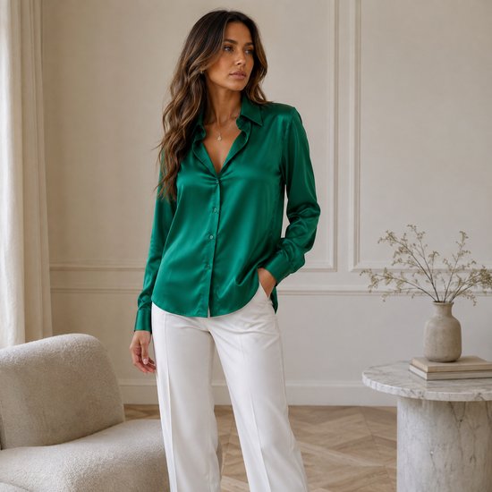 Model in smaragdgroene satijnen blouse, witte broek met hoge taille, van de zijkant.