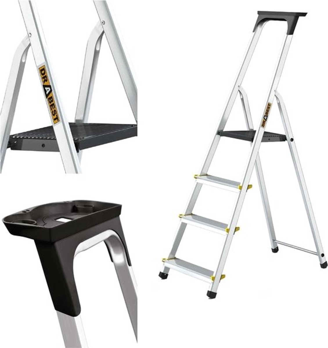 Aluminium Trapladder - Huishoudladder Werkladder - Klussen in huis - Antislipvoeten stabiel platform - 150kg 4 treden - Zilver
