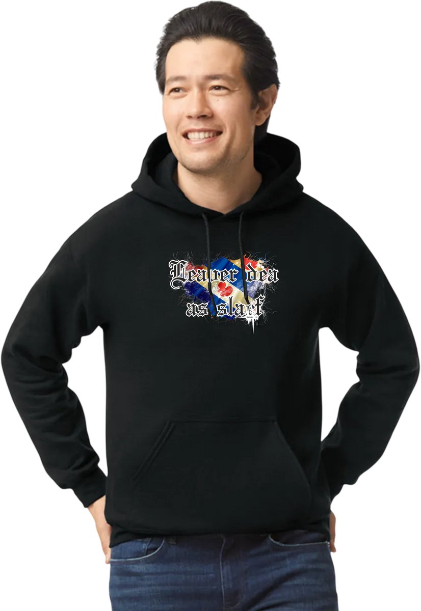 Hooded sweater zwart met opdruk Leaver Dea as Sleaf (Friesland, Grutte Pier, Slag van Warns) maat L van Shirtmakelaar