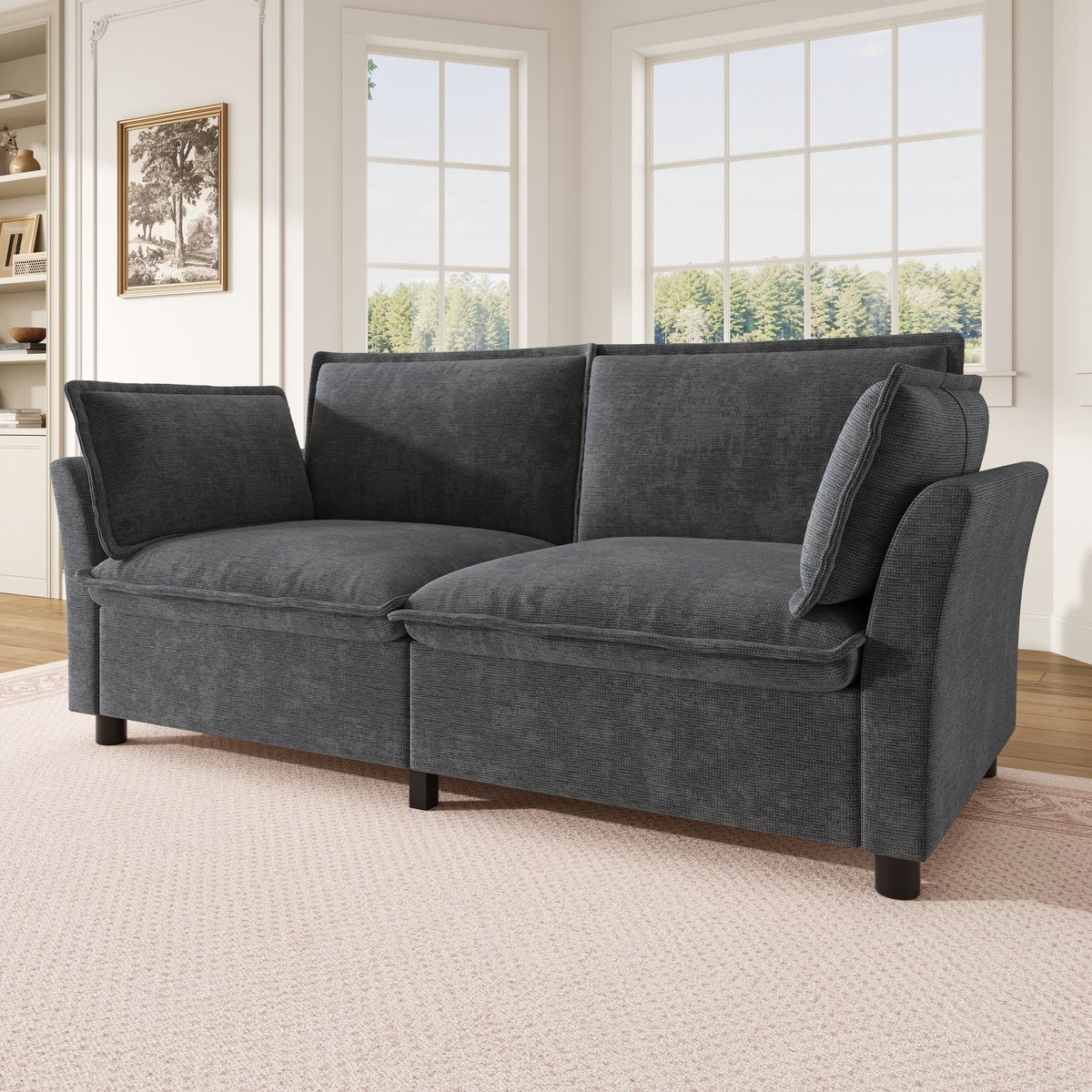 2-Zitsbank, Tweezitsbank Modern, Dikke Zachte Kussens, Cloud Bank Gevoel, Met 2 Armleuningkussens, Chenille Stof, Loveseat Voor Woonkamer, Appartement, Slaapkamer, Kleine Ruimtes, Eenvoudige Montage, Grijs