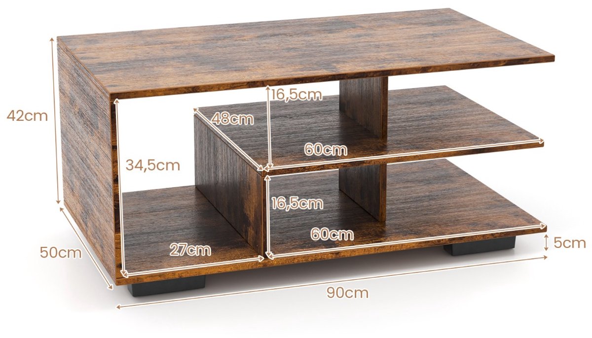 SureDeal® - Salontafel - Opbergruimte Rechthoekige Centrale - Centrale Plank Multifunctionele - Niveaus - 90x50x42 cm - Koffiebruin