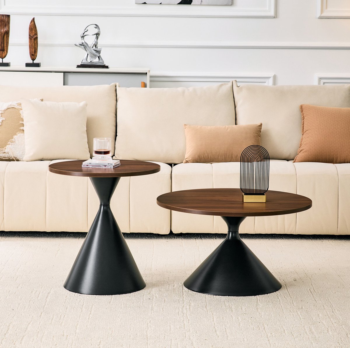 MODFU - Salontafel Set - Rond - Walnootlook - Zwart Metaal - Nestbaar - Modern