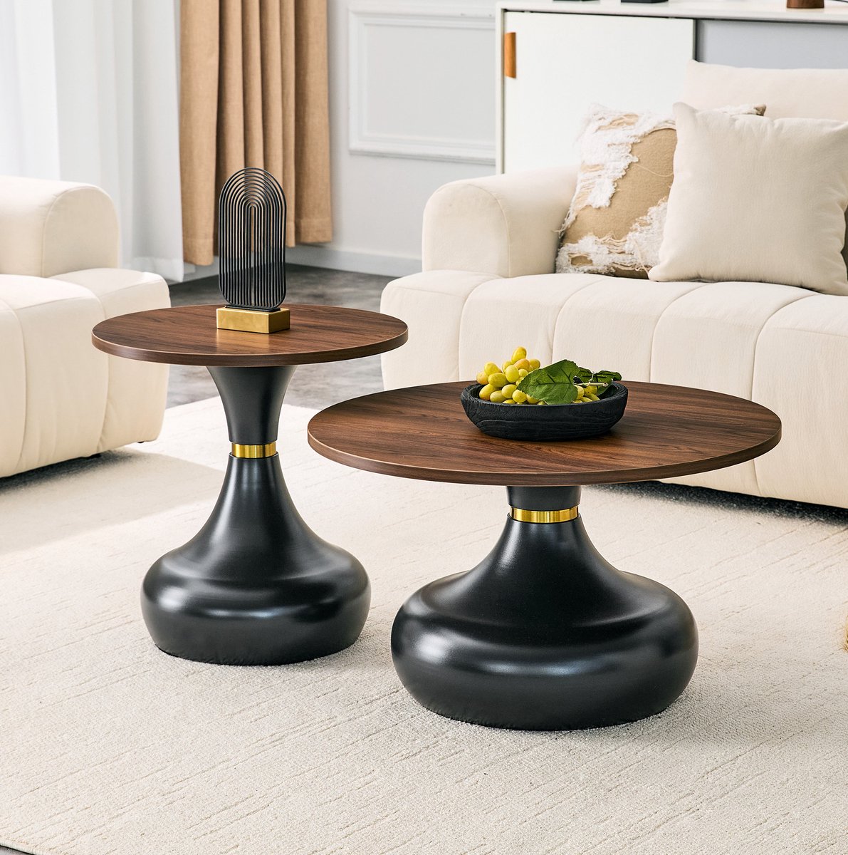 MODFU - Ronde Salontafel Set Van 2 - Walnootlook - Zwarte Metalen Voet