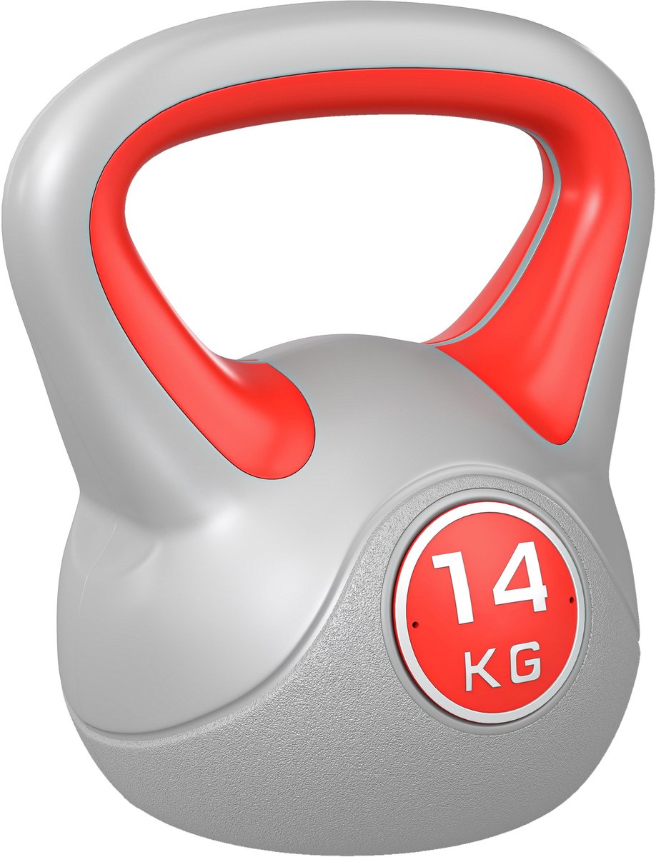 Kettlebell 14 kg, PU-gecoat en gevuld met zand voor krachttraining, 26x18x32 cm, rood en grijs.