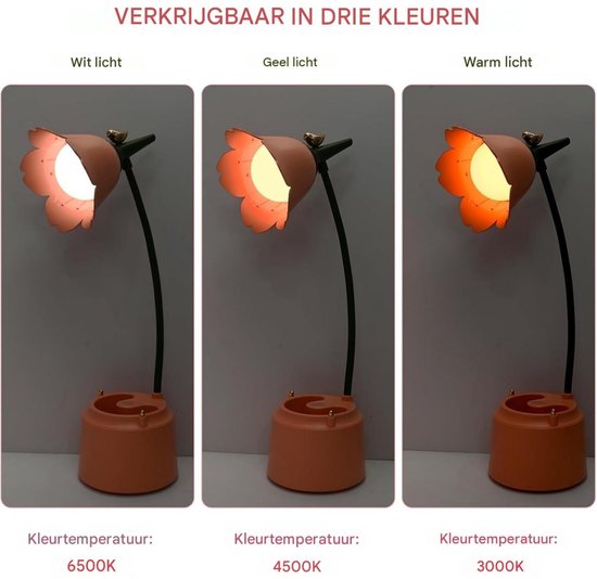 SSTRWGOOD Kinderbureaulamp met pennenhouder - Dimbaar LED-nachtlampje - 3 kleurtemperaturen - 360° draaibare arm - Oplaadbare lees- en studielamp - Roze — afbeelding 4