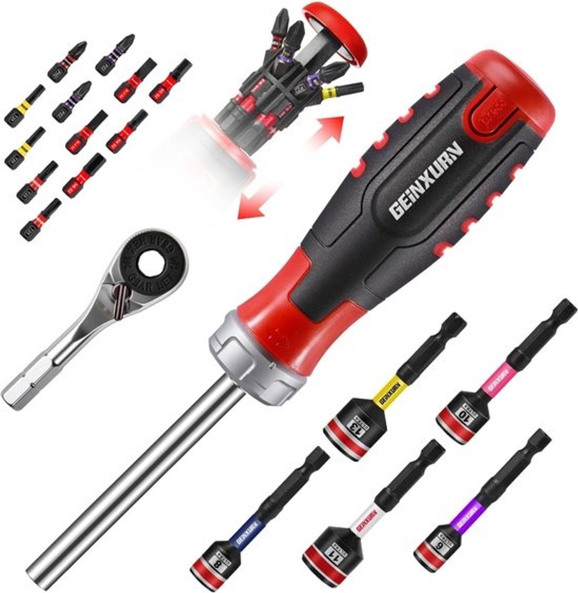 Ergonomische ratelschroevendraaier set met 12 bits, mini-ratelsleutel en dopsleutel