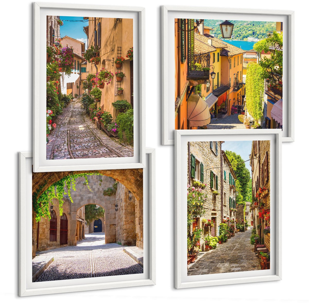 Wallfluent 4-Delige Schilderij Set - Italiaanse Straten Met Bloemen En Architectonische Landschappen - 40 x 40 En 40 x 60 - Moderne Wanddecoratie - Woonkamer - Muurdecoratie