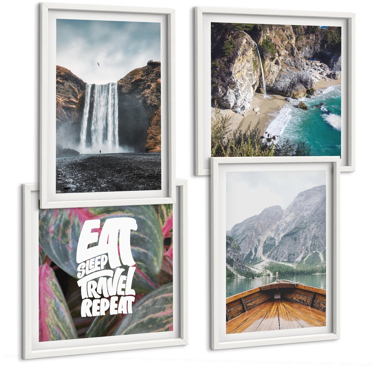 Wallfluent 4-Delige Schilderij Set - Waterval Bergen Reizen Natuur Lodz | Vegetatie - 40 x 40 En 40 x 60 - Muurdecoratie - Interieur Decoratie - Moderne Wanddecoratie