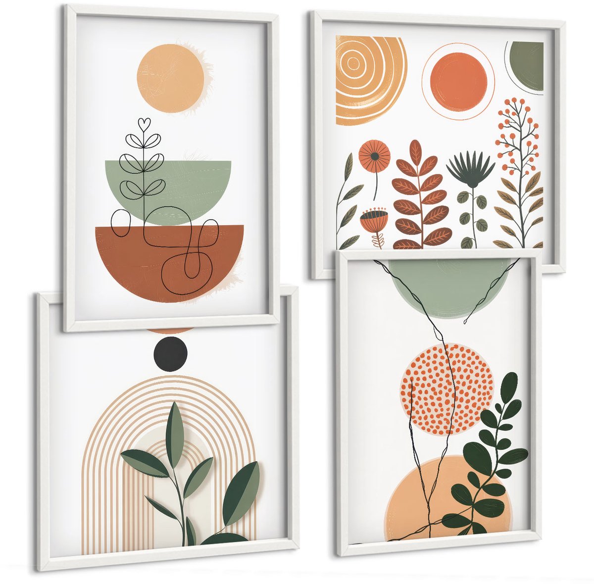 Wallfluent 4-Delige Schilderij Set - Abstracte Vormen Met Kleurrijke Plantmotieven - 40 x 40 En 40 x 60 - Muurdecoratie - Interieur Decoratie - Wanddecoratie