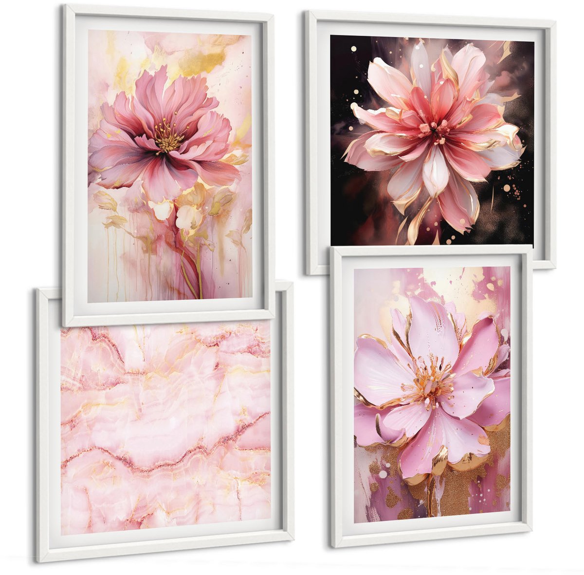 Wallfluent 4-Delige Schilderij Set - Bloemencomposities In Roze En Witte Tinten. - 40 x 40 En 40 x 60 - Muurdecoratie - Wanddecoratie - Hal - Stijlvolle Muurdecoratie