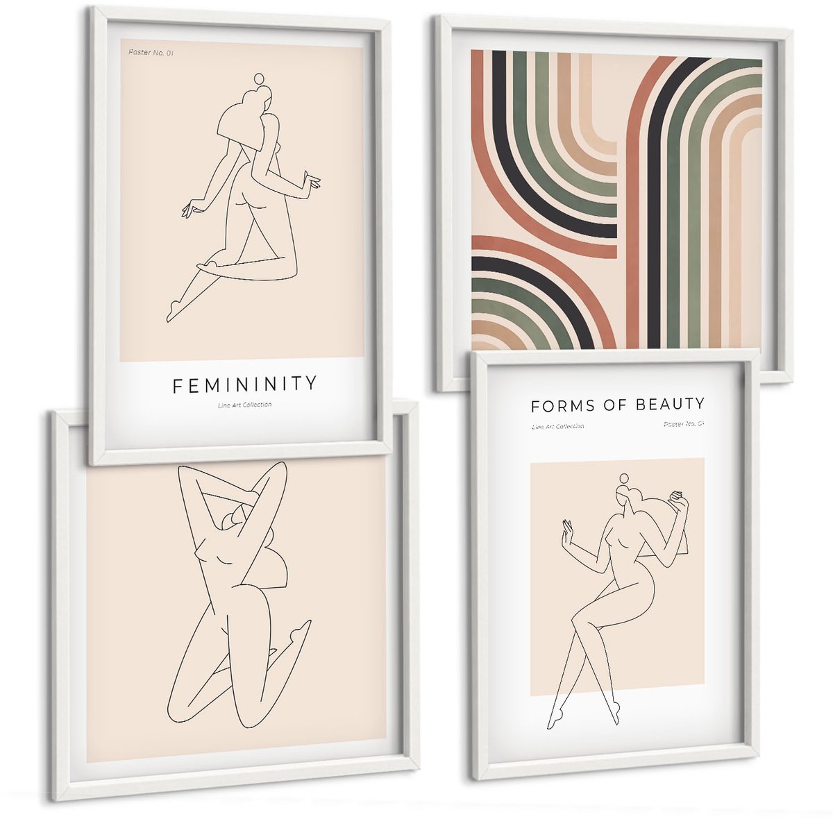 Wallfluent 4-Delige Schilderij Set - Lineaire Silhouetten Van Vrouwen In Minimalistische Posters - 40 x 40 En 40 x 60 - Muurdecoratie - Interieur Decoratie - Wanddecoratie