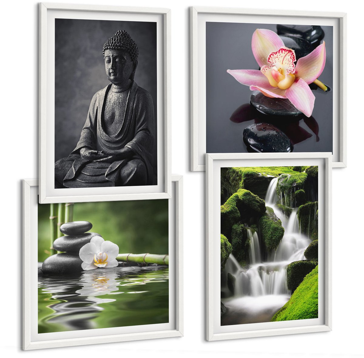 Wallfluent 4-Delige Schilderij Set - Rustgevende Zen-Afbeeldingen Met Water, Stenen En Boeddha - 40 x 40 En 40 x 60 - Wanddecoratie - Woonkamer Decoratie - Muurdecoratie