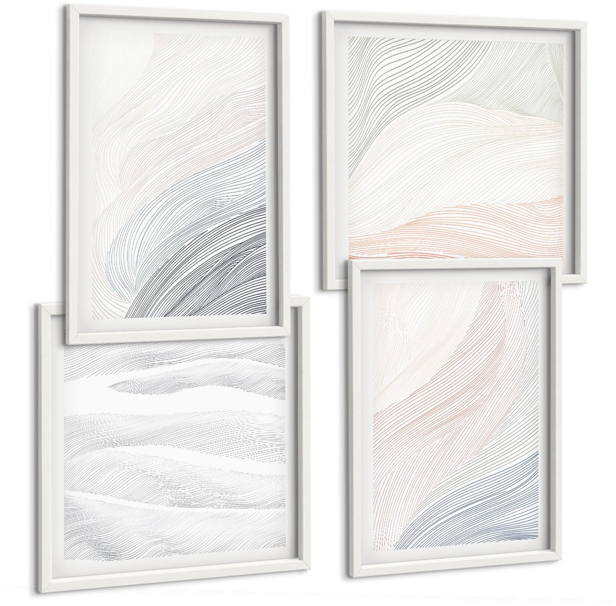 Wallfluent 4-Delige Schilderij Set - Abstracte Golven Schilderij Op Karton Met Pastelkleuren - 40 x 40 En 40 x 60 - Moderne Wanddecoratie - Slaapkamer - Muurdecoratie
