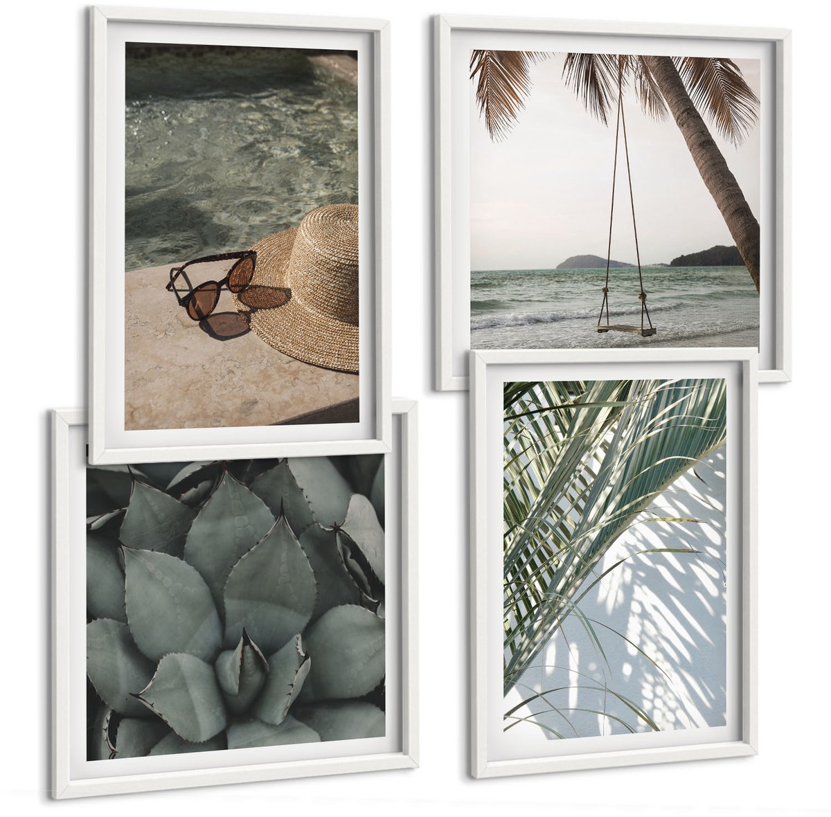 Wallfluent 4-Delige Schilderij Set - Tropische Planten En Zomerse Decoraties - 40 x 40 En 40 x 60 - Decoratieve Schilderijen - Wanddecoratie - Hal