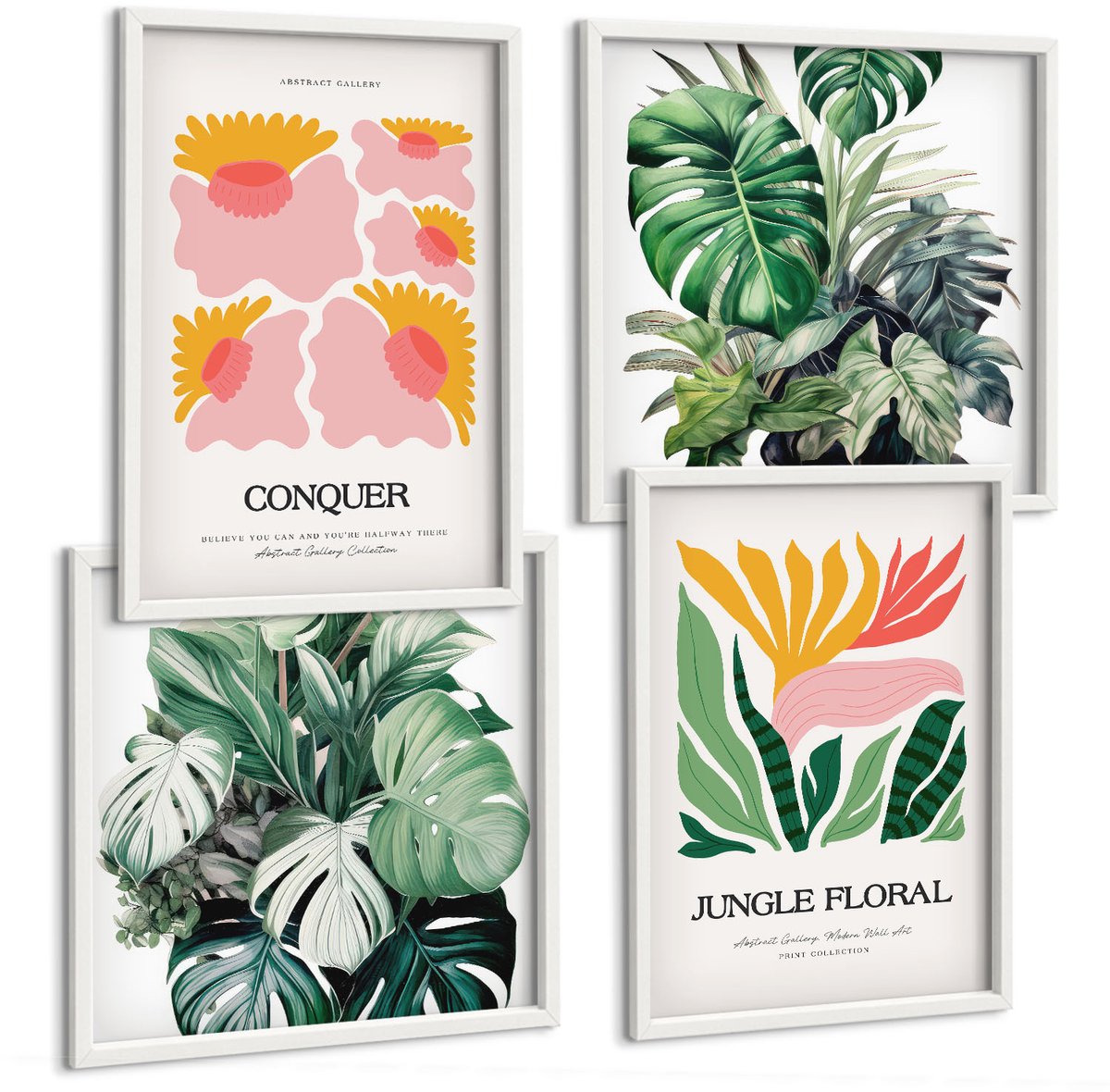 Wallfluent 4-Delige Schilderij Set - Bloemen En Bladeren In Moderne Stijl Op Posters - 40 x 40 En 40 x 60 - Decoratieve Schilderijen - Woonkamer - Interieur