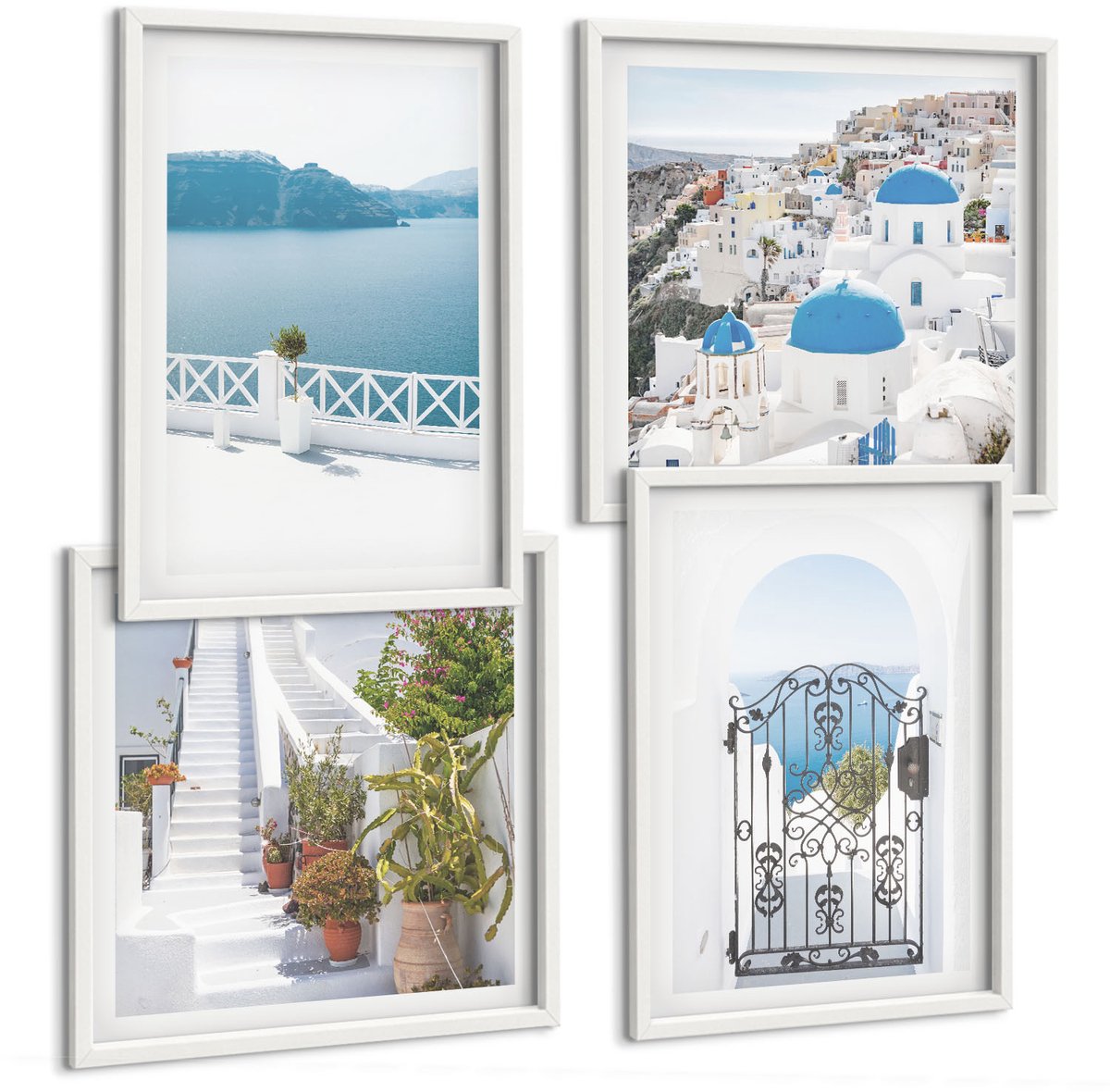 Wallfluent 4-Delige Schilderij Set - Witte Trap Met Planten, Uitzicht Op Zee En Poort - 40 x 40 En 40 x 60 - Wanddecoratie - Schilderijen Set - Interieur - Decoratieve Schilderijen