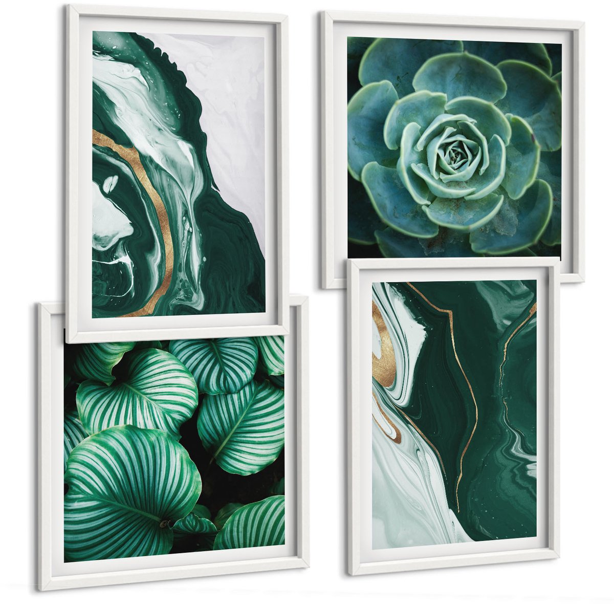 Wallfluent 4-Delige Schilderij Set - Abstracte Verfpatronen: Bladeren, Planten, Vetplanten - 40 x 40 En 40 x 60 - Wanddecoratie - Muurdecoratie - Moderne Interieurdecoratie - Moderne Wanddecoratie