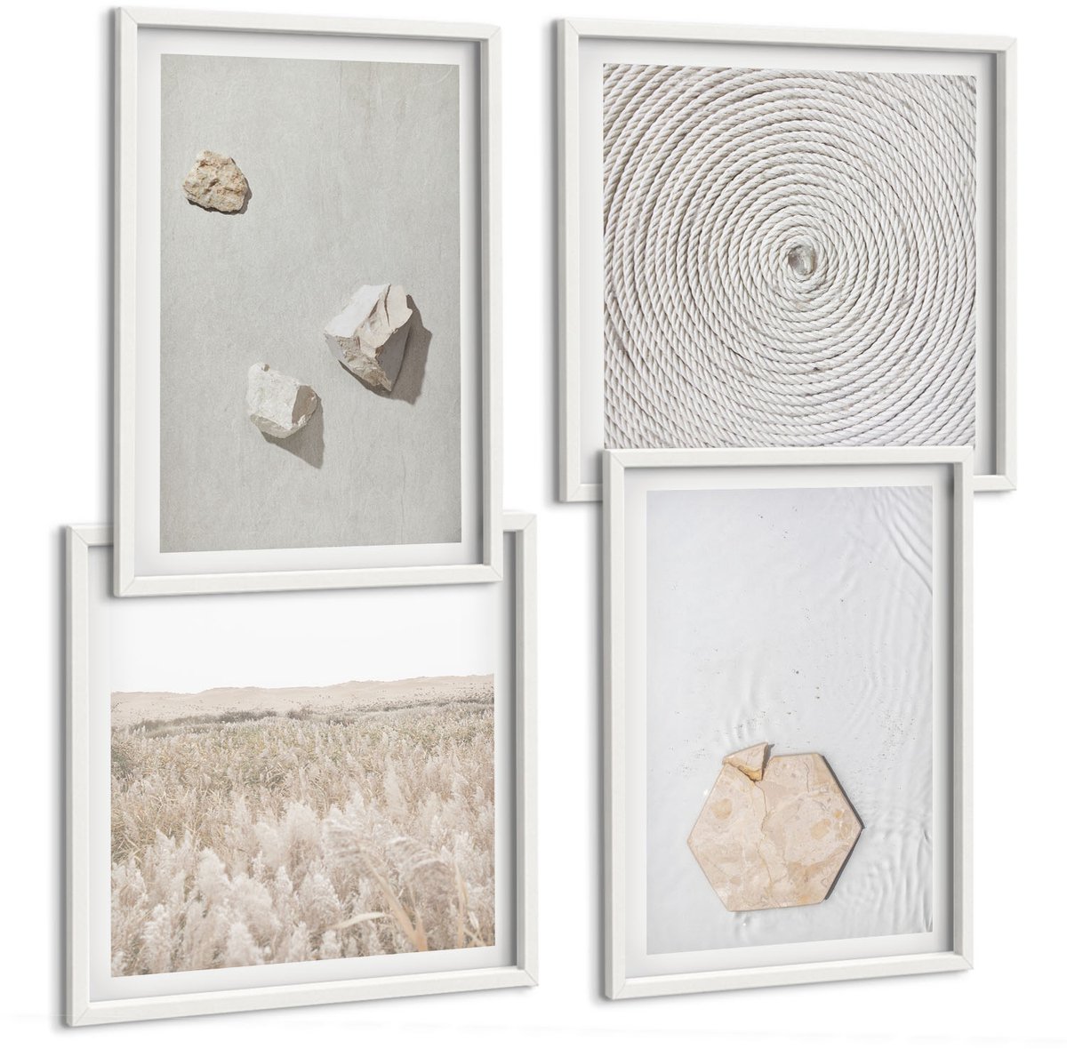 Wallfluent 4-Delige Schilderij Set - Lichte Texturen Op Zand, Delicate Boho-Stijl - 40 x 40 En 40 x 60 - Decoratieve Schilderijen - Woonkamer - Interieur - Moderne Wanddecoratie