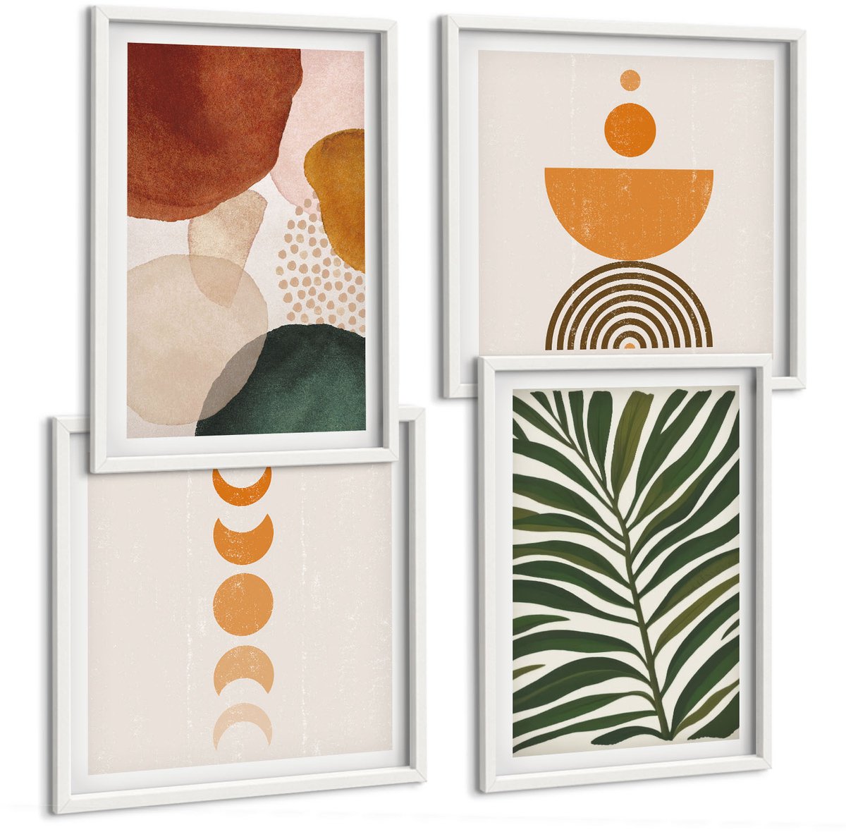 Wallfluent 4-Delige Schilderij Set - Abstracte Vormen In Warme Kleuren En Bladeren - 40 x 40 En 40 x 60 - Stijlvolle Muurdecoratie - Slaapkamer - Interieur Decoratie