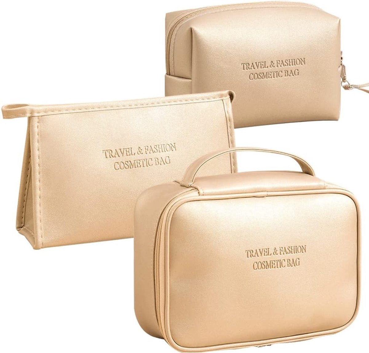3-delige Make-up Tas voor Vrouwen, Draagbare Reistassen, Grote Capaciteit Cosmetica Organizer, Ideaal voor Toilettas en Reisaccessoires, Goudkleurig en Stijlvol