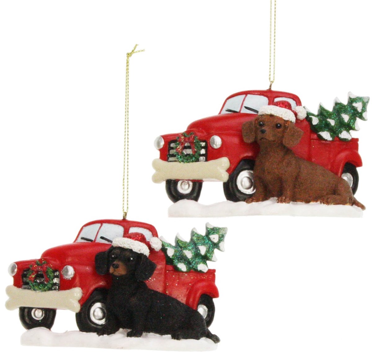 Ornament Teckel zwart/bruin met auto, 2ass. 5x6x8cm
