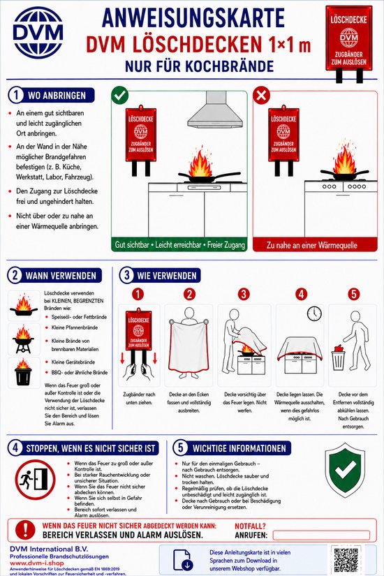 Instructiekaart DVM branddekens 1x1m voor kookbranden. Illustreert plaatsing, gebruik en veiligheid.