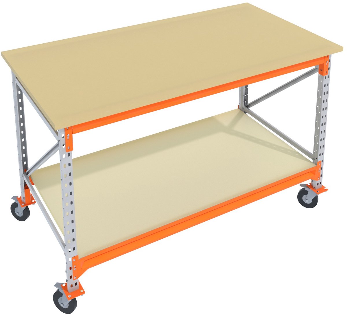 Verrijdbare Werkbank & Inpaktafel mobiel Galva 150cmx105cm - 2 niveaus (multiplex, zwarte wielen)