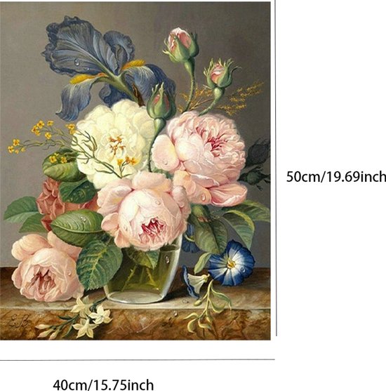 Een vaas met roze en witte pioenrozen, blauwe irissen en kleine bloemen. Afmetingen 40x50cm.