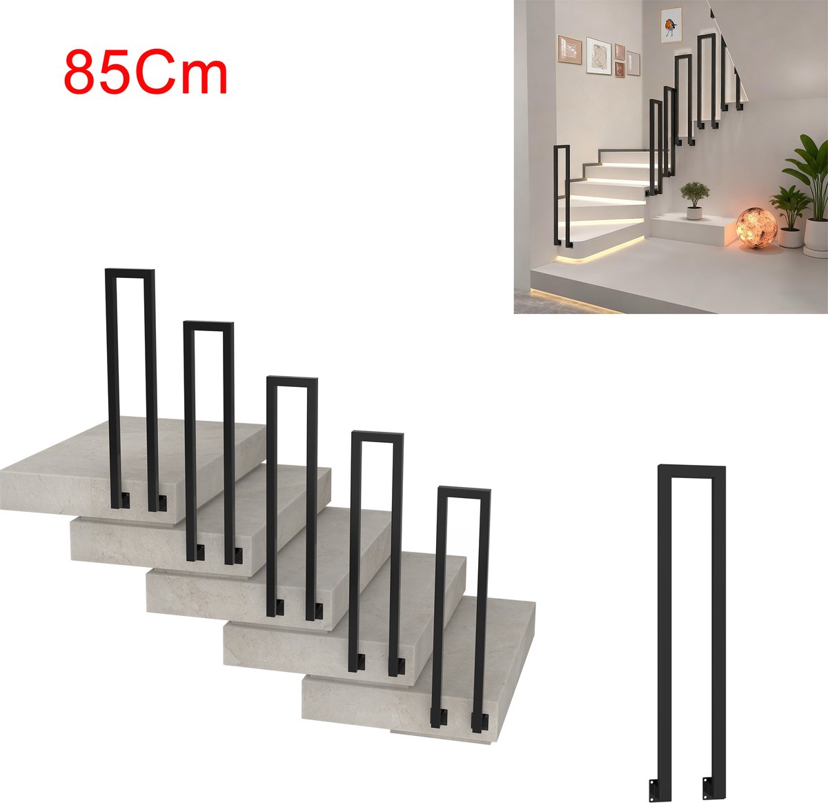 Trapleuning 85 Cm – U-vormige IJzeren Leuning met Zijmontage – voor Trap, Balkon, Hal en Entree – Binnen en Buiten