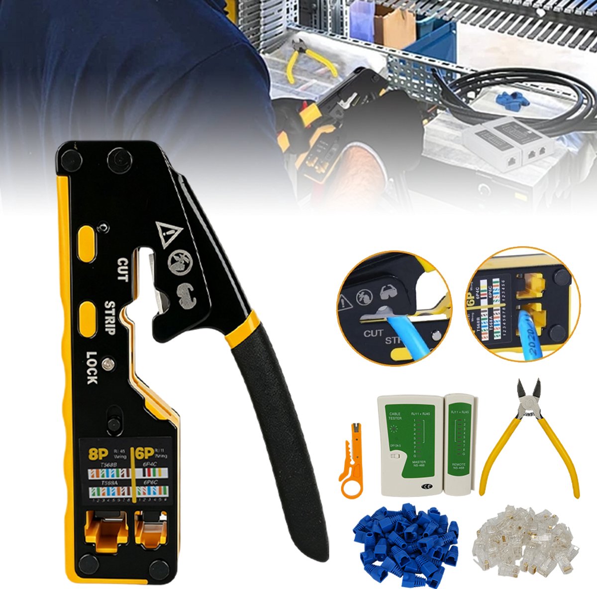Multifunctionele RJ45/RJ11 Krimptangset Met 50 Connectoren En Kabeltester - Doorvoerfunctie CAT6-Compatibel 2 Reservemesjes - Complete Ethernet-Bekabelingsset - Netwerkproject Voor De Start Van Het Schooljaar