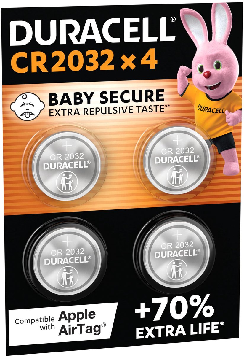 Duracell Specialty 2032 Lithium-knoopcelbatterij 3V, verpakking van 4 stuks (DL2032/CR2032)