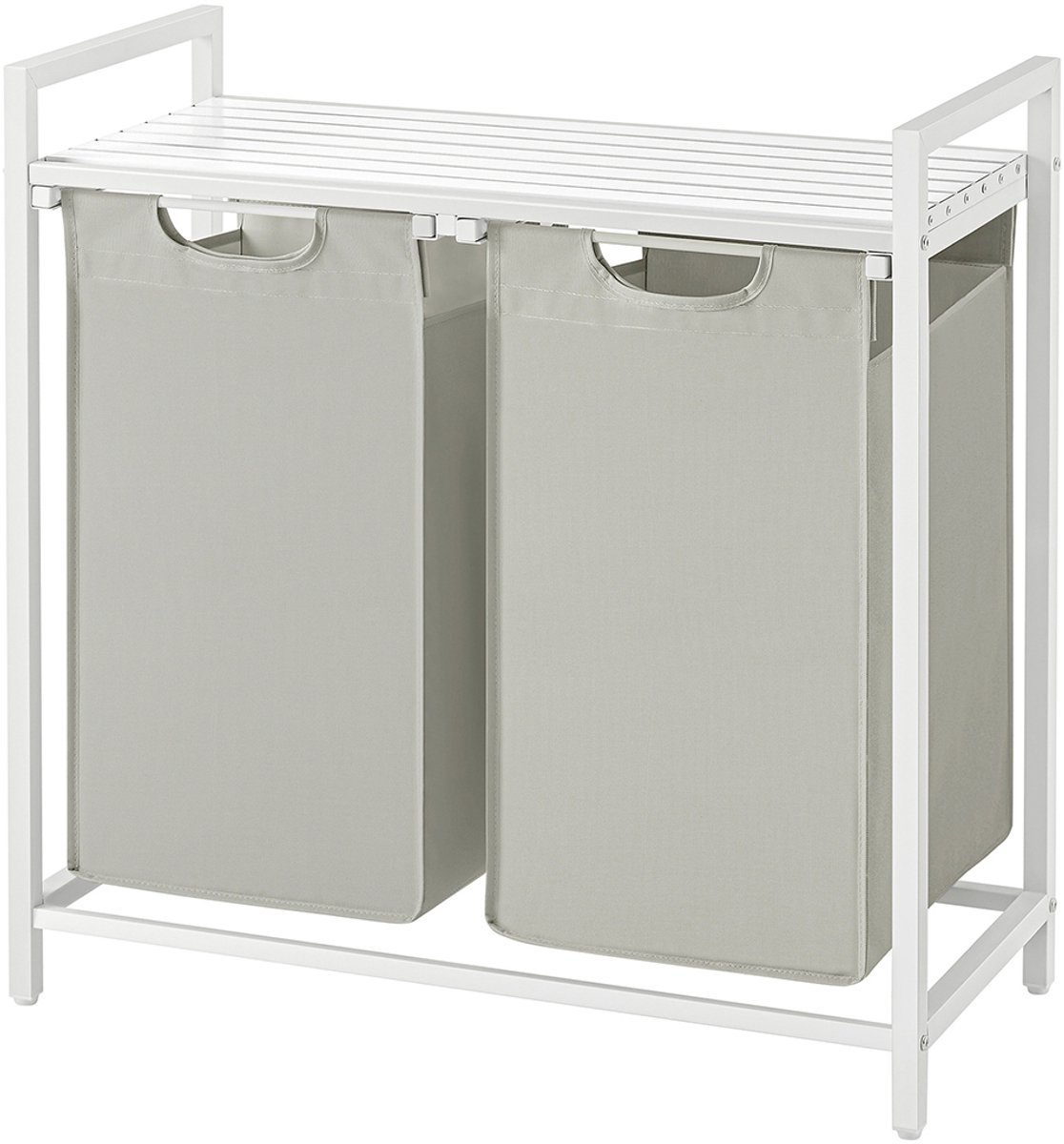 Wasmand met 2 vakken Wasgoed sorteerbak 73 x 33 x 72 cm Wit 2x46L grote capaciteit met verstelbare voetjes uittrekbare en afneembare waszakken en opbergrek Stevig metalen frame Geschikt voor wasruimte badkamer en slaapkamer