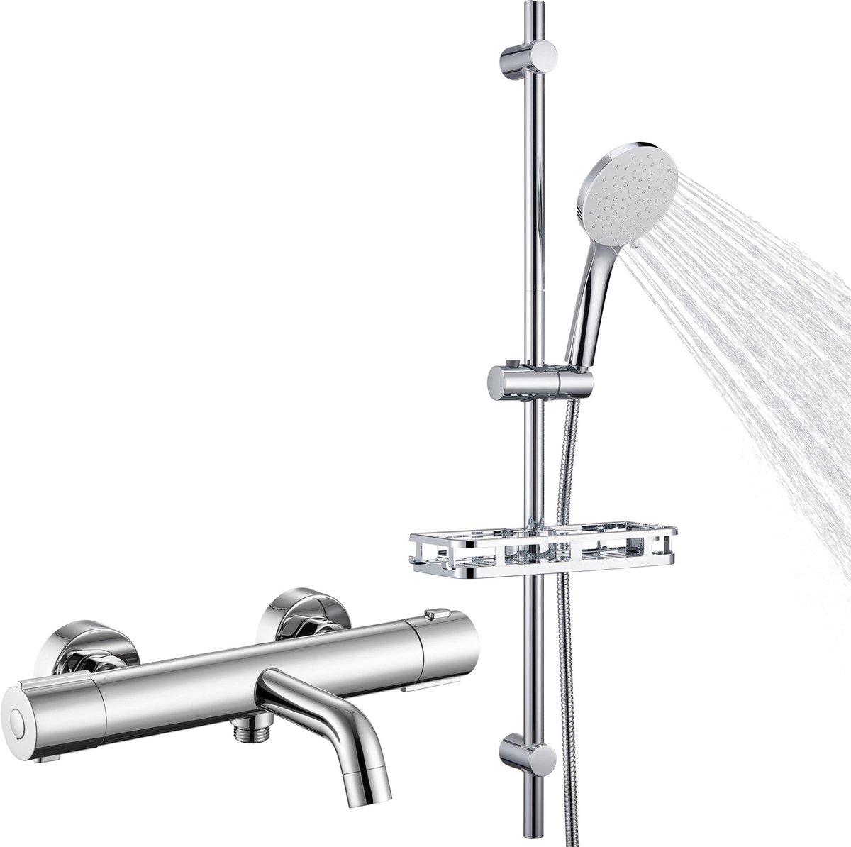 Auralum max Thermostatische Badkraan - 15 cm - 90 cm Glijstang Doucheset - Met Plankje - 6 Standen Douchekop - Hoge Druk - Anti-Kalk - RVS Glijstangset - Met CoolTouch technologie - Chroom&Wit