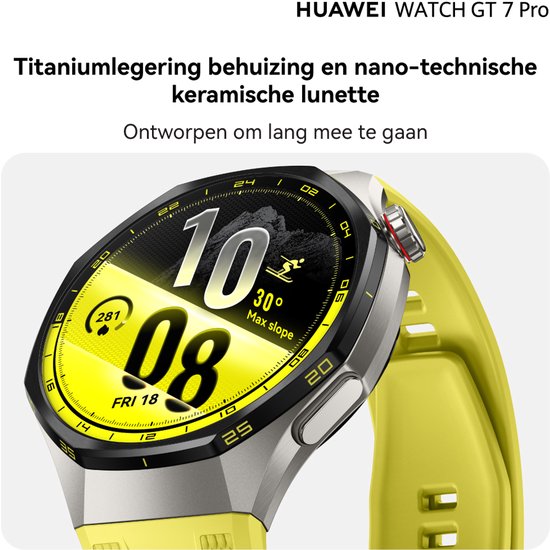 Huawei Watch GT 7 Pro met zilveren kast en geel bandje, wijzerplaat toont ski-icoon.