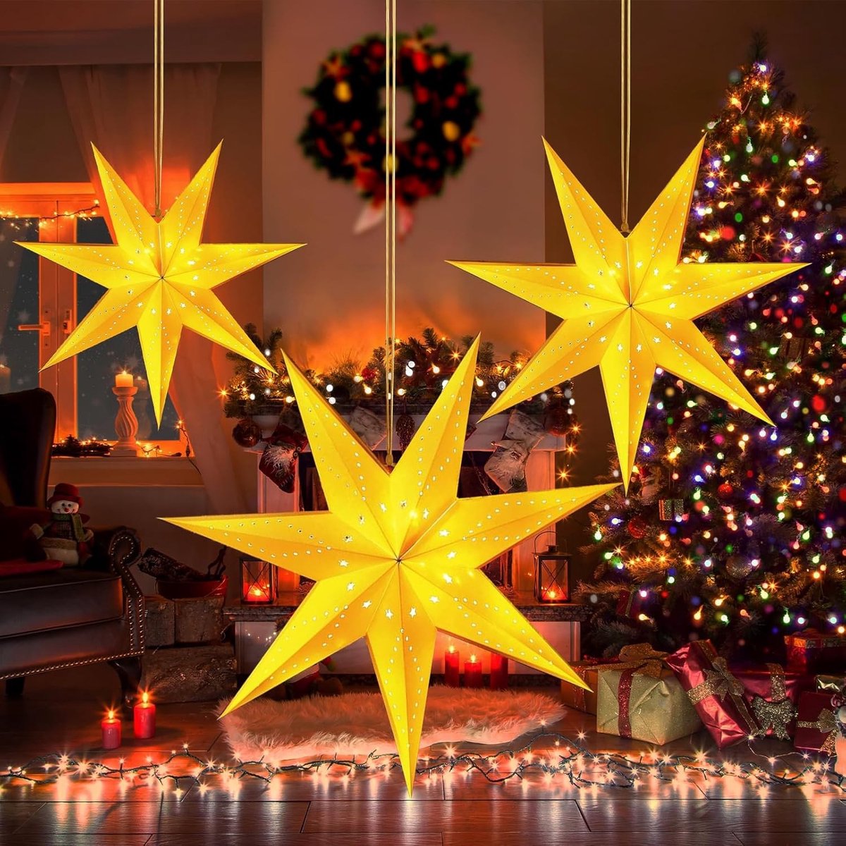 3D Poinsettia Hangdecoratie, Verlichte Papieren Ster voor Raamdecoratie, Vouwbare Lampenkap met LED Verlichting, Kerstdecoratie en Feestelijke Versiering