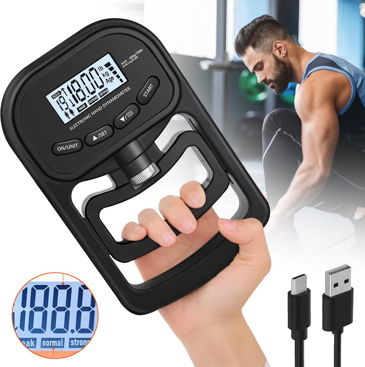 Gripkrachttrainer Van 180kg - Oplaadbare Elektronische Handdynamometer - Digitale Grijpkrachtmeter - Verstelbare Handgreep-Dynamometer