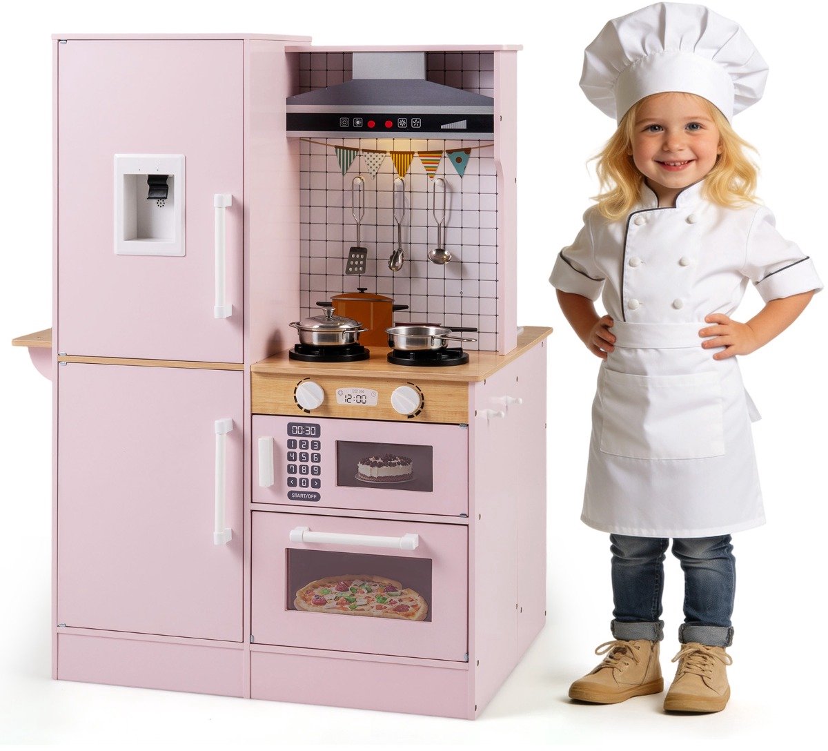 SureDeal® - Rollenspell - Dubbelzijdige Kinderkeuken Houten - Waterdispenser Afzuigkap Magnetron - Kookgerei - 73x55x98 cm - Roze