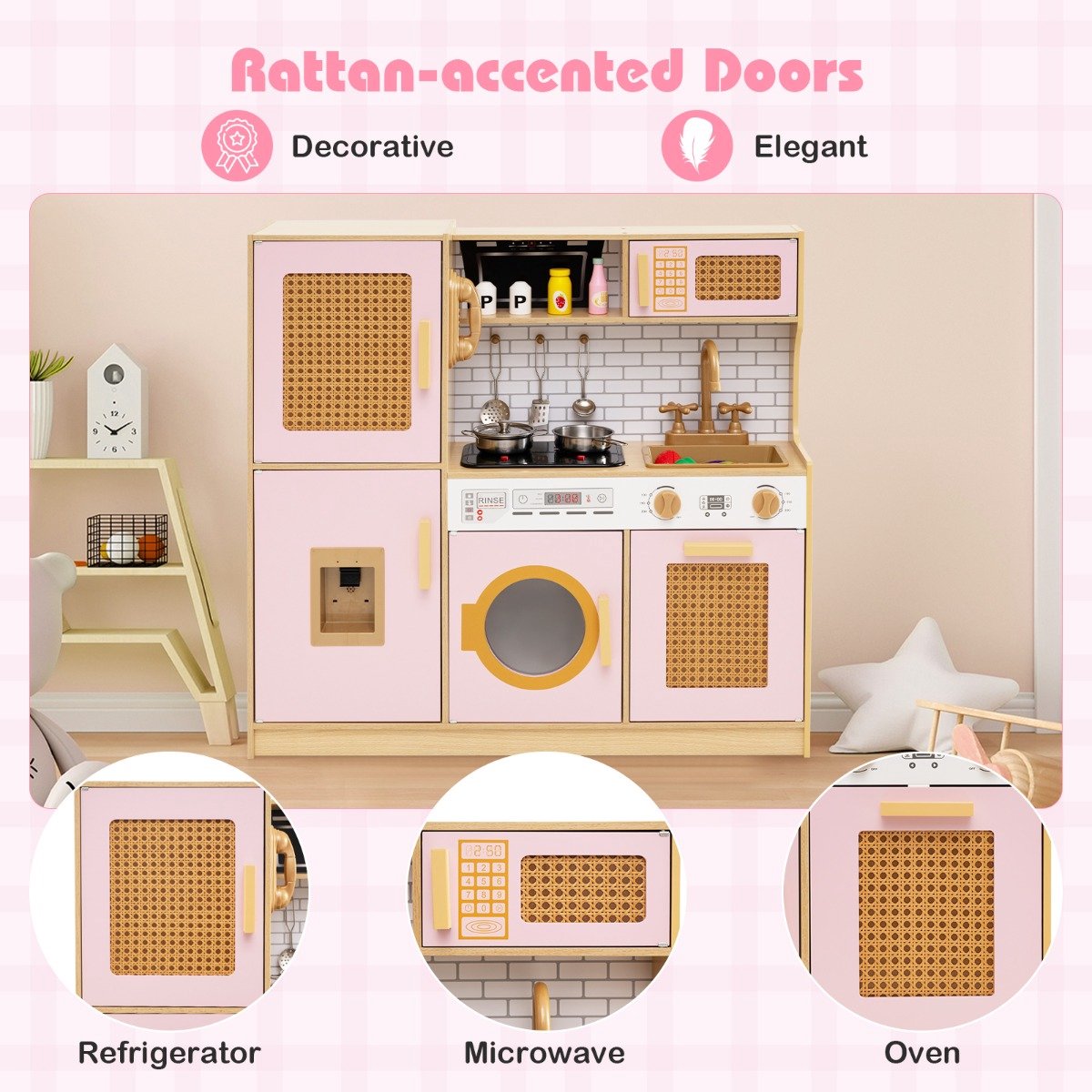 SureDeal® - Rollenspell - Kinderen Keuken - Rieten Deuren - Licht - Geluid - Koelkast Speelgoedkeuken Roze - 84x25x80 cm - Roze