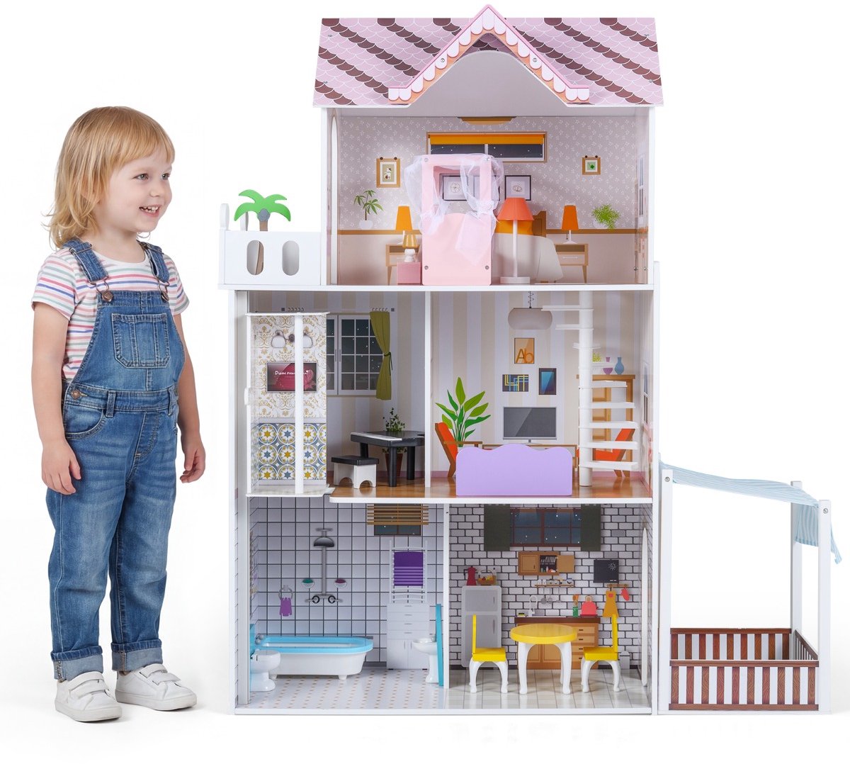 SureDeal® - Rollenspell - Roze Houten Poppenhuis - Kinderen Verdiepingen Tellend - Rollenspel - Onderdelen - 102x34x120,5 cm - Roze