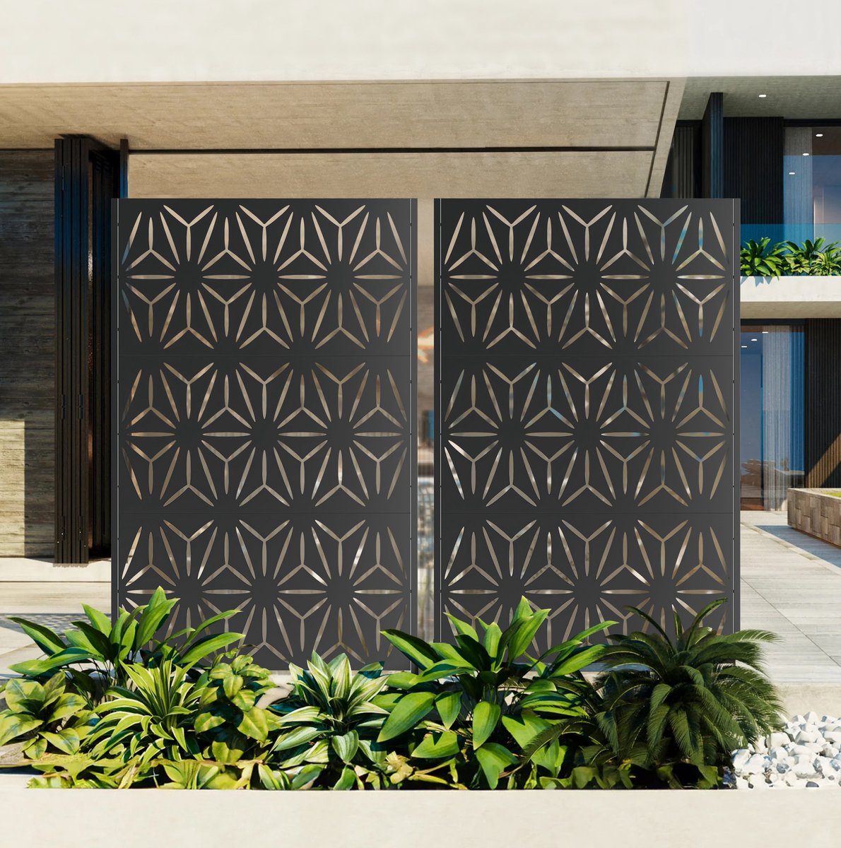 REDOM - Privacyscherm - Vrijstaand metalen buitenscherm met stabiele basis en decoratief paneel - Moderne stijl - Tuin balkon terras - Metaal - Zwart - 183 x 116 cm