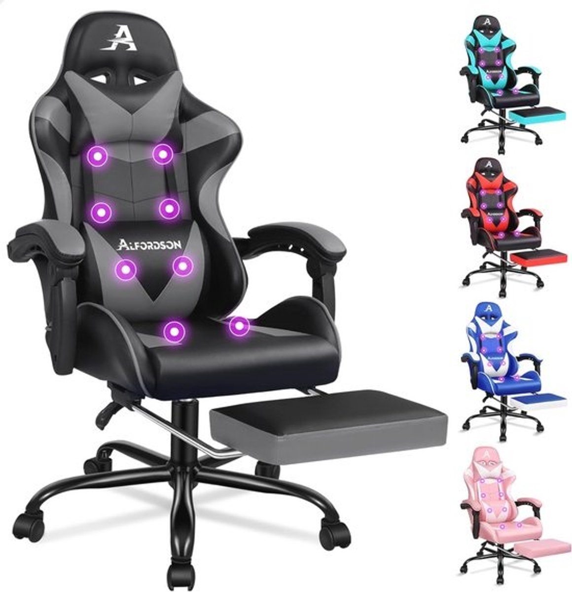 Ergonomische Gaming Massage Stoel met Hoofdsteun en Opvouwbare Voetensteun - In Hoogte Verstelbare Bureaustoel - Draagvermogen 180 kg - Grijs