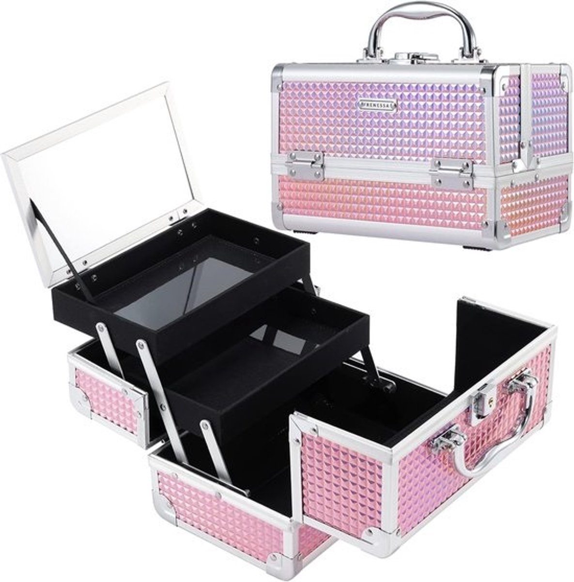 Lege make-upkoffer met spiegel - Glanzend Oranje Beautycase met Opbergruimte