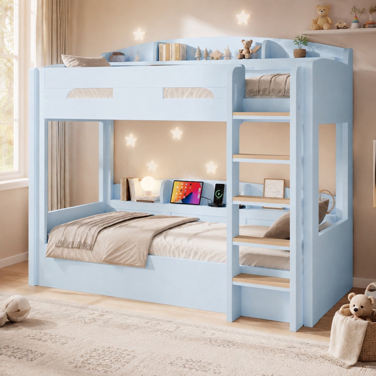 REDOM - Stapelbed - Met geïntegreerde USB-aansluiting - Met opbergruimte boven en beneden - Modern minimalistisch - Voor kinder- en jeugdkamer - Hout en MDF - Hellblauw - 123,5 x 204 x 196,5 cm