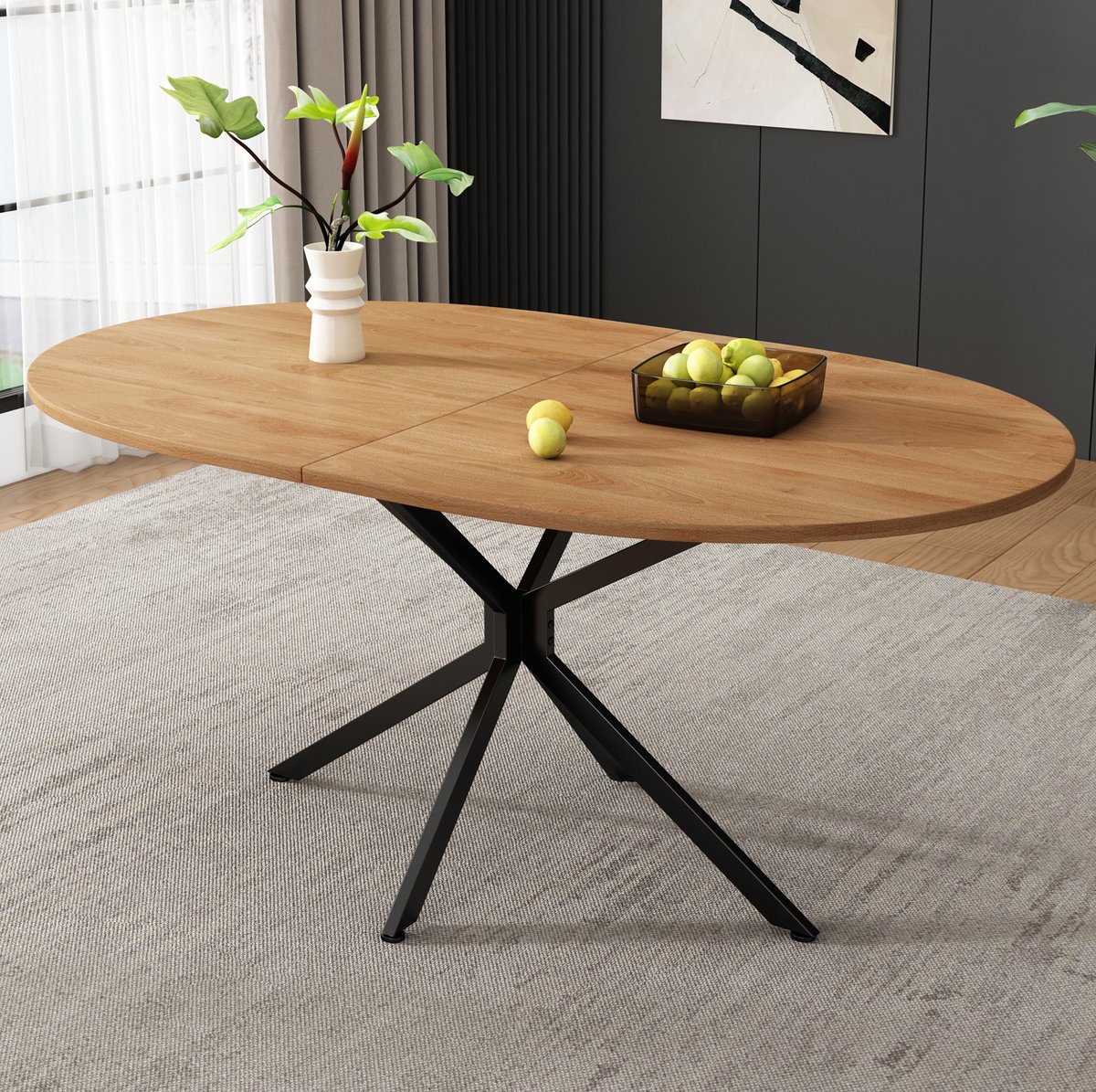 Wishdor Eettafel - Ovale vorm - Stabiele X-poot - Modern - Eetkamer woonkamer keuken - Voor 4-6 personen - MDF - Metalen poten - Naturel - 120 x 80 x 75,5 cm