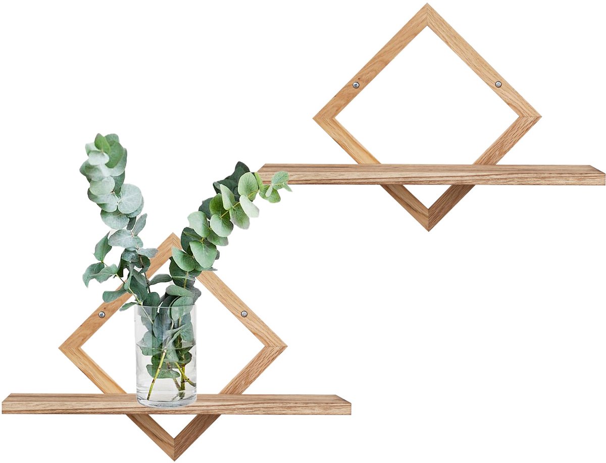 Ruitvormig Displayrek - Met Eikenhouten Frame - Zwevend - Hangend Rustiek - Voor Woonkamer en Slaapkamer - Natuurhout - Set van 2