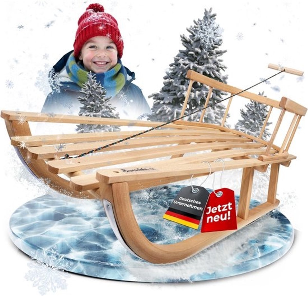 Houten slee met rugleuning voor kinderen, 90 cm