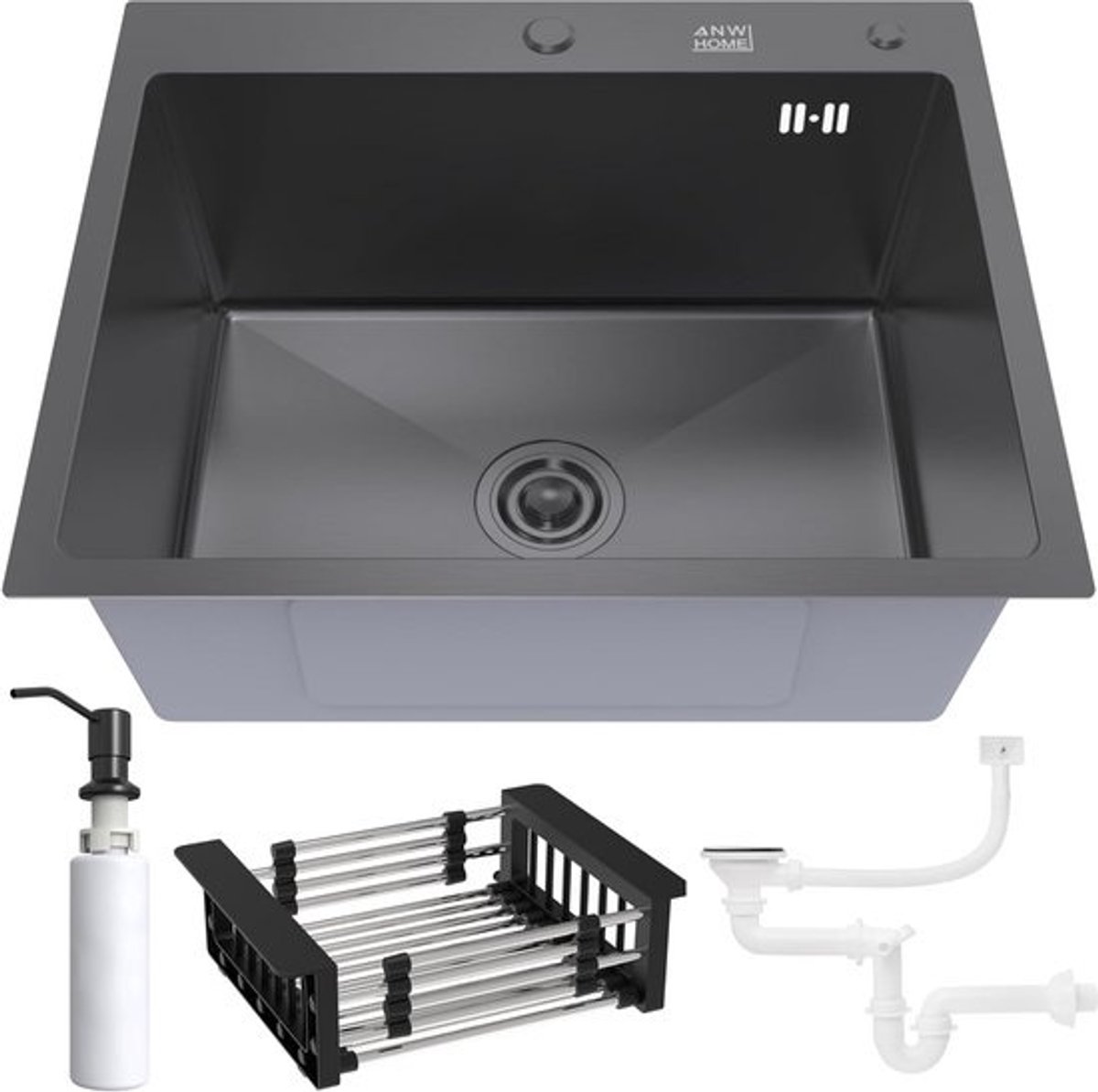 Enkele Keukenspoelbak 60x50 Zwart/Grafiet Inbouw - Inclusief Zeepdispenser en Afdruiprek